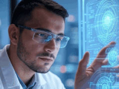 Latest AI Breakthroughs 2025: Revolutionizing Technology and Transforming Lives Futuristic depiction of Latest AI breakthroughs 2025, showcasing a scientist interacting with holographic interfaces for next-generation natural language processing.