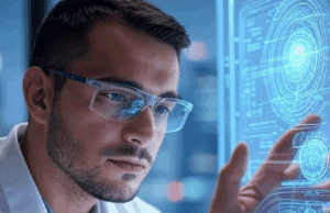 Latest AI Breakthroughs 2025: Revolutionizing Technology and Transforming Lives Futuristic depiction of Latest AI breakthroughs 2025, showcasing a scientist interacting with holographic interfaces for next-generation natural language processing.