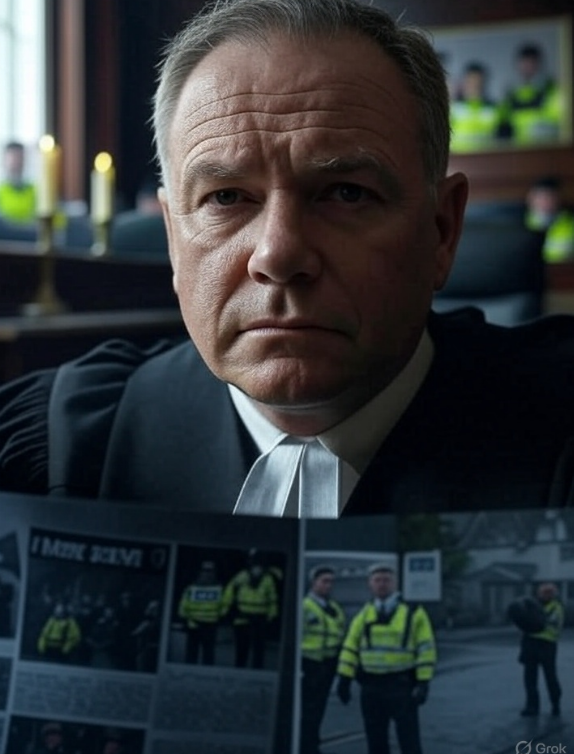 Southport-Murders-Inquiry-Courtroom-Memorial-Candles.jpg Somber courtroom scene for the Southport Murders Inquiry, featuring memorial candles on a table and blurred figures in judicial robes, with police investigation imagery in the background