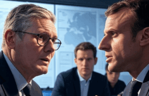 UK-France Migration Deal: Starmer-Macron Talks on Channel UK-France Migration Deal: Sir Keir Starmer and Emmanuel Macron negotiate Channel crossings in a dramatic newsroom, with bold headlines and tense atmosphere, July 2025.