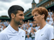 Wimbledon 2025 Semifinals: Djokovic Faces Sinner in Historic Showdown Wimbledon 2025 Semifinals: Novak Djokovic and Jannik Sinner mid-match on Centre Court, with a historic backdrop and excited crowd, July 2025..