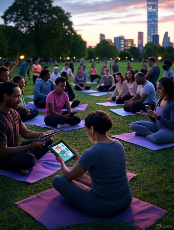 Alt text: Inspiring image of latest mental health trends 2025, showing community yoga and app use in a London park at 10:49 PM BST, July 18.