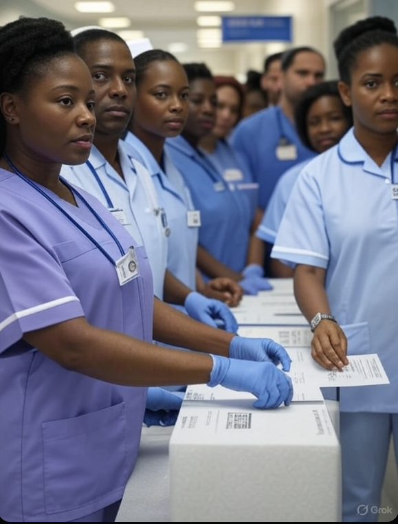 nhs_pay_vote_2025_ballot_station.jpg Alt text: Image of NHS pay vote 2025, showing nurses voting at a ballot station.