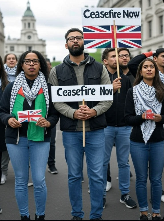 Alt text: Scene of Palestinian state recognition, with a peaceful protest in London.

