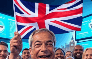 Reform UK Gains Momentum: A New Force in UK Politics Emerges in 2025 Dynamic image of Reform UK gaining momentum in 2025, showing Nigel Farage leading supporters with a rising UK flag in a futuristic Westminster office.