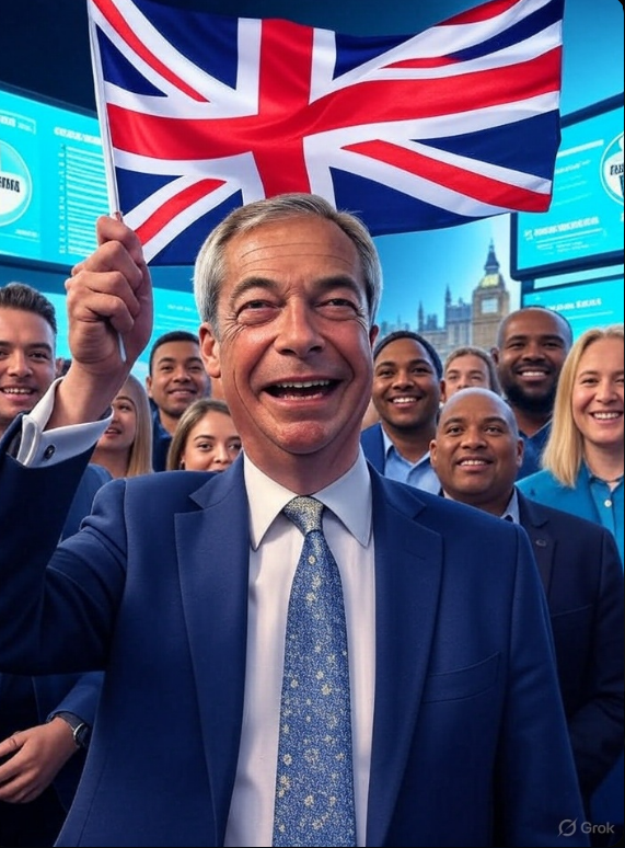 reform_uk_gains_momentum_2025.jpg Dynamic image of Reform UK gaining momentum in 2025, showing Nigel Farage leading supporters with a rising UK flag in a futuristic Westminster office.