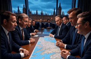 Starmer’s Migrant Deal Faces Backlash: UK’s Latest Immigration Challenge in 2025 Dramatic image of Starmer’s migrant deal backlash in 2025, showing UK and French officials debating over a digital Channel map, with protest signs and Parliament at 04:52 PM BST, July 12.