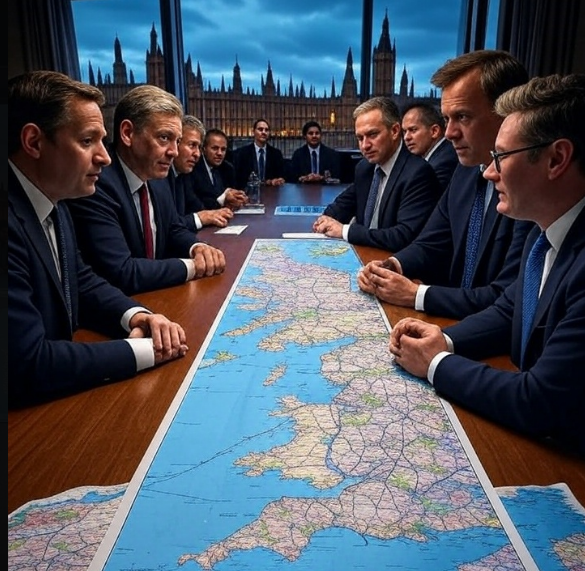 starmer_migrant_deal_backlash_2025.jpg Dramatic image of Starmer’s migrant deal backlash in 2025, showing UK and French officials debating over a digital Channel map, with protest signs and Parliament at 04:52 PM BST, July 12.