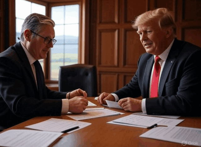 starmer_trump_talks_trade_documents.jpg Alt text: Visual of Starmer-Trump talks, reviewing trade documents at Scotland summit.