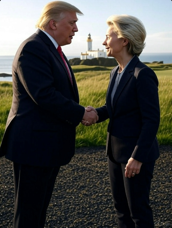 trumps_trade_deal_2025_turnberry_handshake.jpg Alt text: Image of Trump’s trade deal 2025, showing Trump and von der Leyen shaking hands at Turnberry.