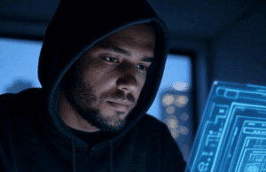 What Is the Latest Cybersecurity Threat? Unveiling the Dangers of 2025 Futuristic image of what is the latest cybersecurity threat, showing a hacker using AI-powered attack interface in 2025.