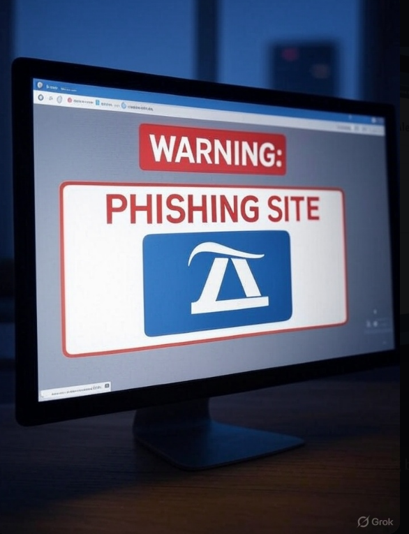 Visual of what is the latest cybersecurity threat, depicting a phishing domain with a fake banking website warning.