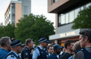 Latest Epping Migrant Case Update: Key Developments Unveiled Alt Text: A diverse crowd protests outside the Bell Hotel in Epping, with police present and green trees in the background, reflecting the Epping migrant case update.