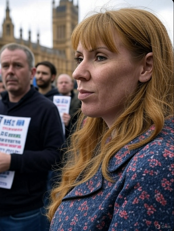 Tories-Call-for-Rayner-Inquiry Alt Text: Protesters outside Parliament with signs on tax fairness, Angela Rayner in a thoughtful pose near a seaside flat backdrop, reflecting the Tories call for Rayner inquiry.