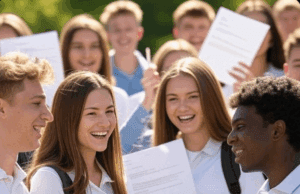 A-Level Results 2025: Top Grades Surge with Record University Acceptances Alt Text: Excited students in Solihull celebrating their 2025 A-level results with top grades, surrounded by university acceptance letters.