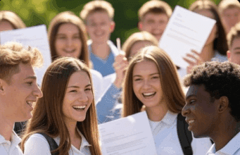 A-Level Results 2025: Top Grades Surge with Record University Acceptances Alt Text: Excited students in Solihull celebrating their 2025 A-level results with top grades, surrounded by university acceptance letters.