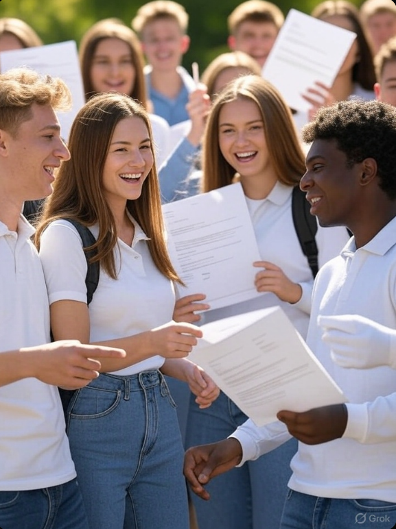 a-level-results-celebration-2025.jpg Alt Text: Excited students in Solihull celebrating their 2025 A-level results with top grades, surrounded by university acceptance letters.