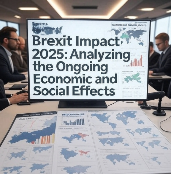 Alt Text: Conference presentation screen showing Brexit Impact 2025 analysis with global maps, charts, and economic data in a modern meeting room.