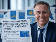 Brexit Impact 2025: Analysing the Ongoing Economic and Social Effects Text: Business professional smiling while reading a newspaper on Brexit Impact 2025, analysing ongoing economic and social effects with charts in background