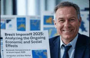 Brexit Impact 2025: Analysing the Ongoing Economic and Social Effects Text: Business professional smiling while reading a newspaper on Brexit Impact 2025, analysing ongoing economic and social effects with charts in background