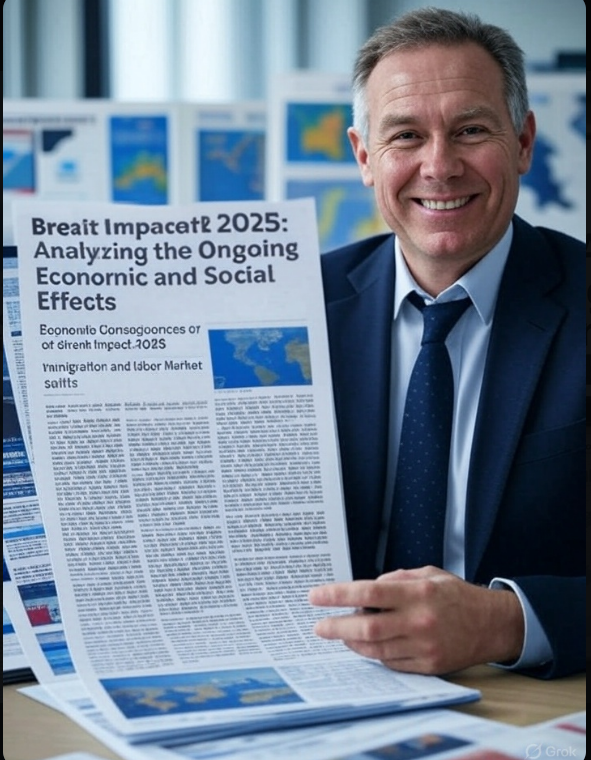 brexit-impact-2025-newsroom-analysis.jpg Text: Business professional smiling while reading a newspaper on Brexit Impact 2025, analysing ongoing economic and social effects with charts in background