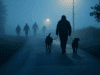 Essex Stabbing Horror: Dog Walker Chased by Gang of Three Before Being Stabbed to Death in UK Tragedy Illustration of a dog walker chased by gang in Essex UK stabbing incident, foggy path at night with shadows.