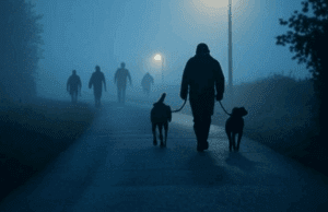 Essex Stabbing Horror: Dog Walker Chased by Gang of Three Before Being Stabbed to Death in UK Tragedy Illustration of a dog walker chased by gang in Essex UK stabbing incident, foggy path at night with shadows.
