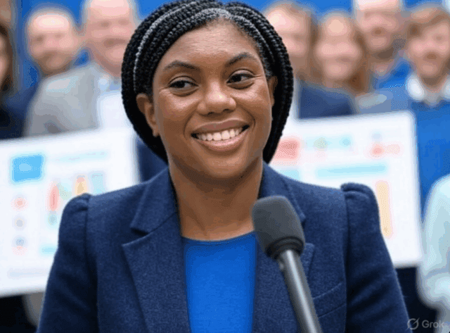 kemi-badenoch-campaign-2025.jpg Alt Text: Kemi Badenoch speaking at the Conservative Party’s 2025 local election campaign launch in Buckinghamshire, with supporters and charts in the background.