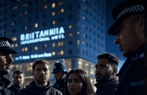Canary Wharf Migrant Hotel Protest News: Tensions Rise at Britannia Alt text: Image of migrant hotel protest news, showing police presence at Britannia Hotel.
