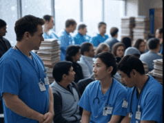 NHS Winter Crisis Looms with Strikes and Backlog Warnings Busy NHS hospital during winter crisis with doctors and backlog files.