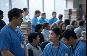 NHS Winter Crisis Looms with Strikes and Backlog Warnings Busy NHS hospital during winter crisis with doctors and backlog files.