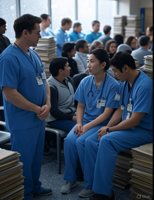 nhs-winter-crisis-strikes-backlog.jpg Busy NHS hospital during winter crisis with doctors and backlog files.