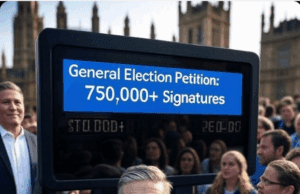 Keir Starmer Faces Pressure as Election Petition Hits Milestone Alt Text: A digital display showing the general election petition surpassing 750,000 signatures on August 18, 2025, with Keir Starmer addressing Parliament in the background.