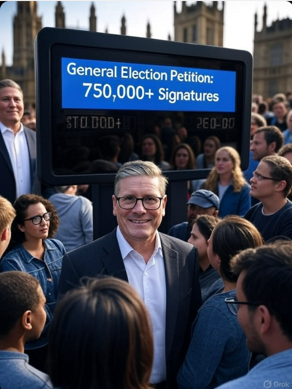 petition-milestone-2-2025.jpg Alt Text: A digital display showing the general election petition surpassing 750,000 signatures on August 18, 2025, with Keir Starmer addressing Parliament in the background.