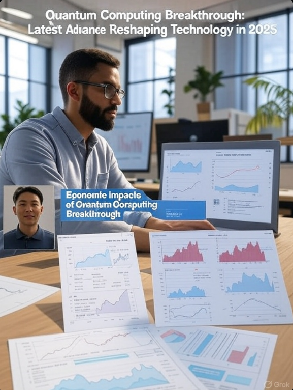 Alt Text: Computer screen displaying a Quantum Computing Breakthrough article with graphs on economic impacts and innovations, in a high-tech workspace.