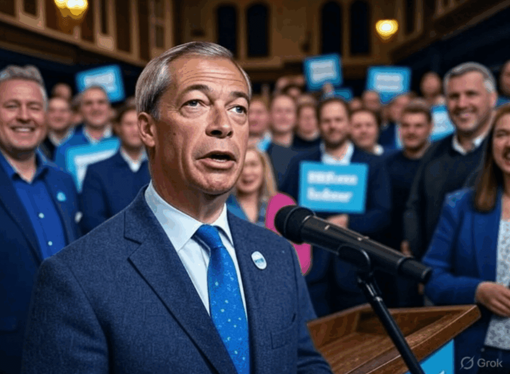 Alt Text: Diverse community group in a UK town hall discussing the Reform UK surge and nine-point lead over Labour in recent polls, with maps and data on display.