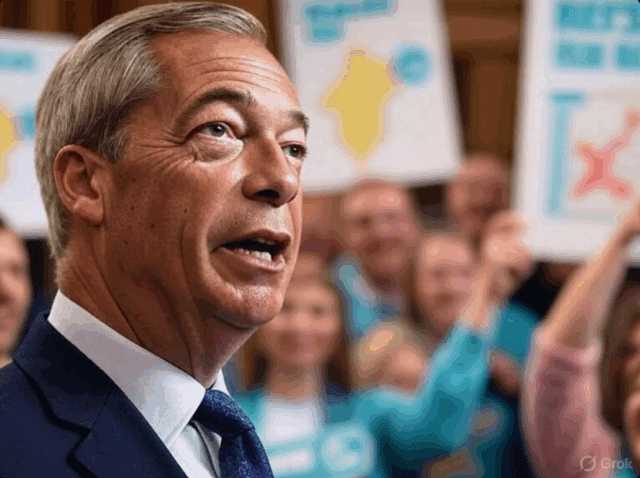reform-uk-surge-nigel-farage-rally.jpg Alt Text: Nigel Farage speaking at a Reform UK rally, surrounded by charts showing a nine-point lead over Labour in recent polls, with an enthusiastic crowd.
