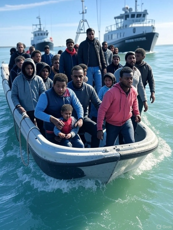 small-boat-crossings-uk-border-2025.jpg Alt Text: Small boat migrants crossing the English Channel, with Border Force vessels in the background, highlighting immigration and border security challenges in 2025.