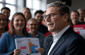Keir Starmer Leadership Insights: Navigating Labour Challenges Ahead Alt Text: Keir Starmer speaking to enthusiastic Labour supporters at a 2025 rally, with charts showing party challenges in the background.