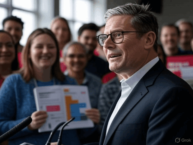 starmer-leadership-debate-2025.jpg Alt Text: Keir Starmer speaking to enthusiastic Labour supporters at a 2025 rally, with charts showing party challenges in the background.