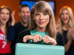 Taylor Swift New Album Buzz: Unveiling ‘The Life of a Showgirl’ Alt Text: Taylor Swift unveiling The Life of a Showgirl on the New Heights podcast with Travis and Jason Kelce, holding a mint green briefcase.
