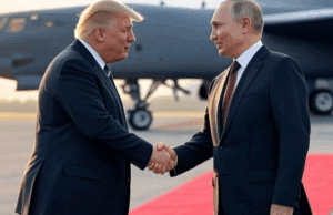 Trump-Putin Meeting 2025: Key Insights from Alaska Talks Alt Text: President Trump and Vladimir Putin shaking hands on a red carpet at Joint Base Elmendorf-Richardson during the 2025 summit, with a B-2 bomber flyover in the background.