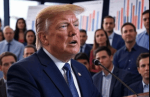 Expert Insights on Trump Tariff Policies in 2025 Alt Text: President Trump announcing tariff policies in 2025, surrounded by charts showing economic impacts, with a diverse audience in the background.