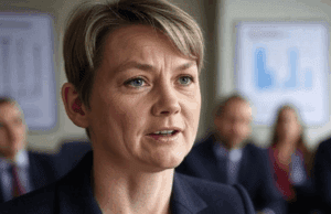 Expert Insights on UK Grooming Gang Scandal in 2025 Alt Text: Home Secretary Yvette Cooper announcing the UK grooming gang scandal inquiry in 2025, with experts and charts in the background.
