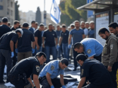 Breaking News: Five Killed in Jerusalem Shooting Attack Alt Text: Illustration of emergency responders at a Jerusalem bus stop after a shooting attack with flags and a shocked crowd.