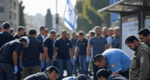 Breaking News: Five Killed in Jerusalem Shooting Attack Alt Text: Illustration of emergency responders at a Jerusalem bus stop after a shooting attack with flags and a shocked crowd.