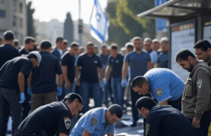 Breaking News: Five Killed in Jerusalem Shooting Attack Alt Text: Illustration of emergency responders at a Jerusalem bus stop after a shooting attack with flags and a shocked crowd.