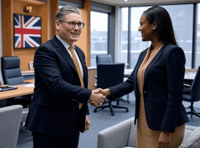 Alt Text: Illustration of Keir Starmer with advisors in a modern office setting