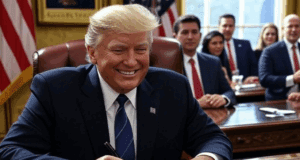 Latest Political Moves: Trump’s Pentagon Rebrand and Policy Shifts Alt Text: Illustration of President Trump signing an executive order for the "Department of War" rebrand, with GOP dinner and 9/11 Memorial elements.