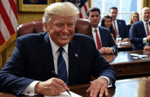 Latest Political Moves: Trump’s Pentagon Rebrand and Policy Shifts Alt Text: Illustration of President Trump signing an executive order for the "Department of War" rebrand, with GOP dinner and 9/11 Memorial elements.